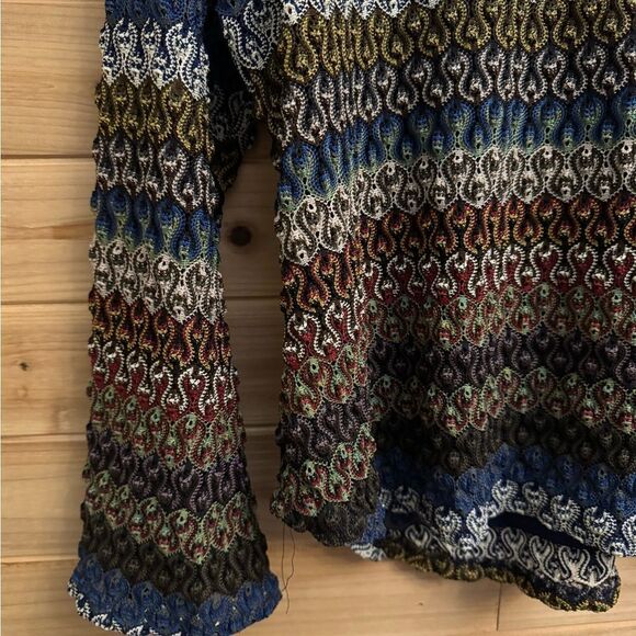 Y2K Venezia Size XLarge Retro Crinkle Textured Swirly V Neck Flare Sleeve Blouse - Picture 7 of 11